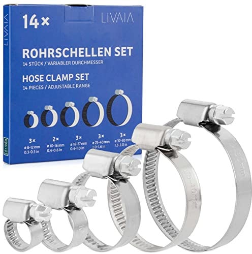 Hose Clamp Set: 14x Stainless Steel Hose Clips – 5 Sizes – 8mm, 0.3 in to 50mm, 2.0 in – Stainless Steel Pipe Clamp – Pipe Clips – LIVAIA Pipe Clamps, Jubilee Clips