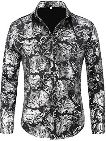 Allthemen Herren Hemd Jacquard Langarm Freizeithemd Satin Paisley Hochzeit | Herrenhemden, Party Abendessen Weihnachten, Regular Fit, Gold Glitzer, Smoking, Floral, Bunt, Casual