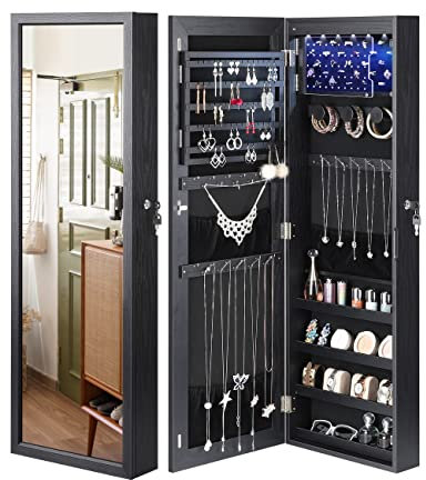 Nicetree 6 LEDs Mirror with Jewelry Storage,【Upgraded 3 Improvements】Over Door Jewelry Armoire with Mirror, Full Length Mirror Jewelry Cabinet, Wall Mounted Jewelry Organizer Box, Black