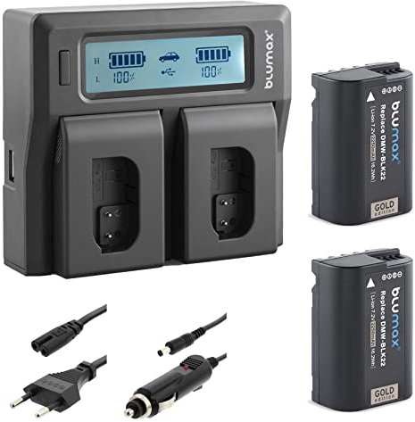 2X Blumax Akku ersetzt Panasonic DMW-BLK22 / DMW-BLK22E 2250mAh + LCD Doppel-Ladegerät | komaptibel mit Panasonic Lumix DC S5 S5K G9 GH5 GH5 II GH5S GH6