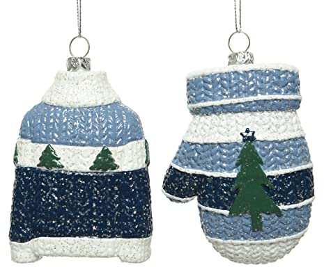 Kaemingk Christbaumschmuck Kunststoff 11cm x 2 Stück Handschuh und Pullover bruchsicher blau weiß