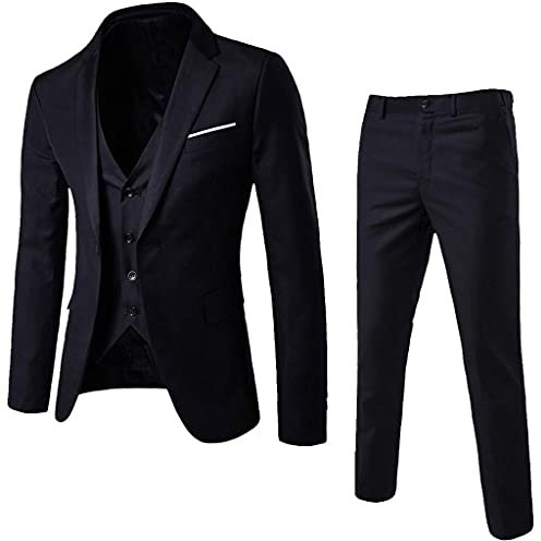 Generic Anzug Herren Slim Fit 3 Teilig Anzüge Modern Herrenanzug 3-Teilig Sakko Hose Weste für Business Hochzeit, Schwarz, M