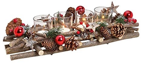 itsisa Adventsgesteck Holz länglich mit Zapfen und roten Kugeln - Adventskranz, Adventsdeko, Advent, Weihnachten Deko