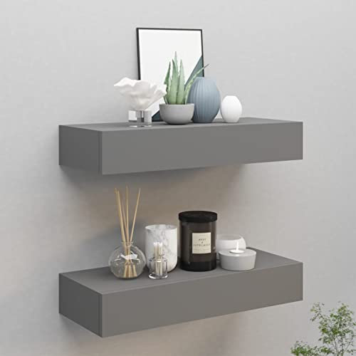Gecheer 2 STK. Wand Schubladenregale Wandregal Mit Schublade Wandschrank Hängeschrank Hängeregal Hängende Nachtkommode Wandboard Nachttisch mit 1 Schublade, Grau 60x23,5x10 cm MDF