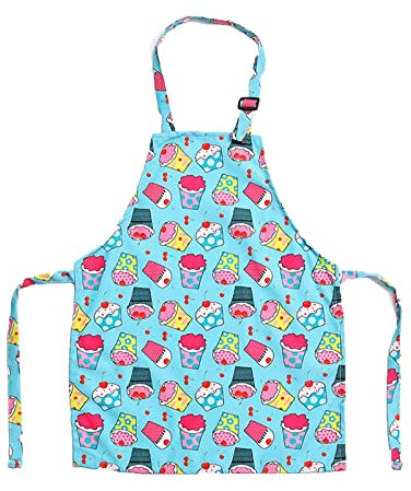 TOPWAYS Bunte Cartoon-Leinen-Schürzen, verstellbarer Hals, Kinderschürze zum Kochen, Backen, Malen (Mini-Kuchen)