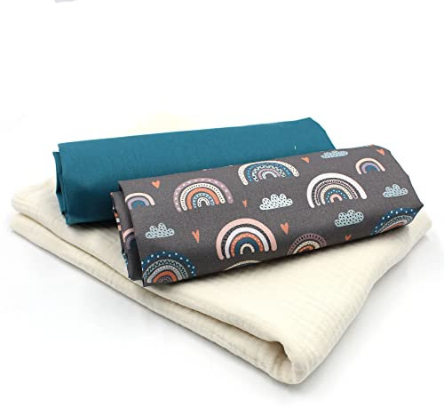 VmG-Store Musselin + Baumwollstoff Set farblich abgestimmt Double Gauze Stoff 100% Baumwollstoff Tex Standard 100 (Set10 Pastell Regenbögen Grau)