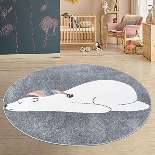payé Teppich Kinderzimmer Rund - Grau - 120x120cm - Pastellfarben Spielteppich Kinderteppich Kurzflor Weich Schlafender Bär mit Schlafmütze