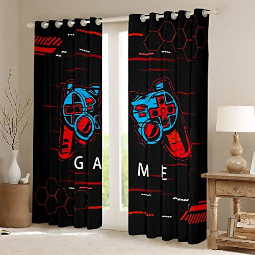 Red Gamer Dreapes Gaming Curtains for Bedroom Living Room Kids Boys Game Blackout Curtains(30%-50%) for Boys Girls Gamepad Honeycomb Window Treatments W66*L72