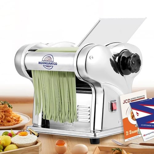 Moongiantgo Machine à Pâtes Électrique, Pate Fraiche Machine, Acier Inoxydable, Avec Lames de 1,5mm et 4mm, Réglage de 9 Épaisseurs 0.3mm-3mm, pour Spaghettis, Fettuccine, Tagliolini, Raviolis