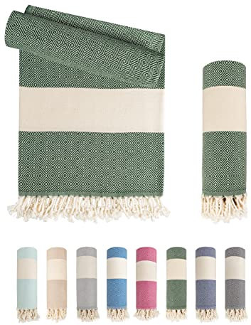 LAYNENBURG Premium Hamamtuch mit handgeknüpften Fransen - 100% Baumwolle - XXL Strandtuch 95x180 cm - Oeko TEX 100 - Strand-Handtuch Karomuster groß - Reisehandtuch & Saunatuch (Dunkelgrün)