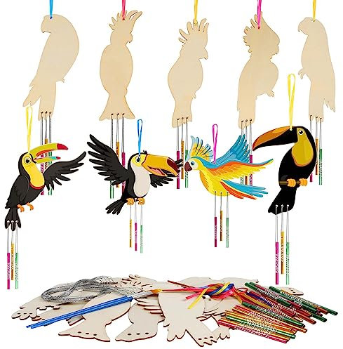 WEDNOK 9 Stück Tropische Vögel Windspiel Bastelset Kinder Holz Klangspiel Basteln Bastelhandwerk zum Bemalen Tropische Vögel Kreativsets für Mädchen Junge Sommer Hawaii Party