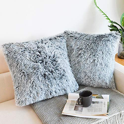 NordECO HOME 2er Set kissenbezüge Kissen Künstlich Pelz Fellkissen Dekorative Deko Kissen Kuschelkissen Flauschig Sofakissen Weich Plüschkissen für Sofa 45x45 cm Schwarz Ombre