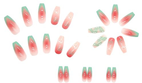 BYBEST 24 Stück Lange künstliche Nägel in Rouge-Rosa mit Gelee-Kleber, Herz-Perle, vollständige Abdeckung, Nagelspitze, zum Aufdrücken von Nägeln, DIY