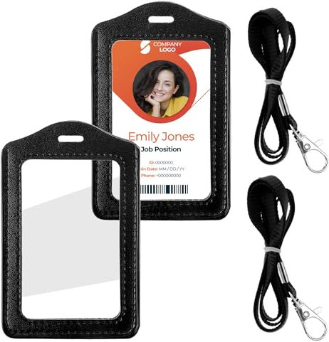 2 Stück Leder Ausweishülle mit Band Ausweishalter Leder mit Band Ausweishülle Kartenhülle Transparentem Fenster Vertikal Lanyard für Business Ausstellung Büro Schule Schwarz