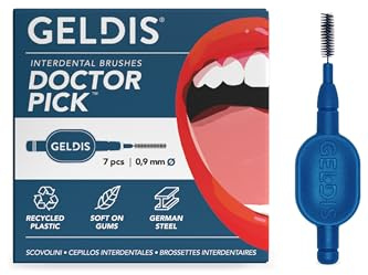GELDIS Scovolini Dentali Doctor Pick - Scovolino Interdentale per Pulizia Denti, Scovolino Denti per Igiene Dentale, Rimuovi Tartaro Denti, 7 pezzi - Con Cappuccio (Blu, 0,9mm)