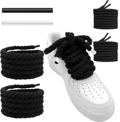 UamGlsob Lacets corde pour Air Force 1, 15mm d'épaisseur, gros lacets et résistants robustes en coton pour sneakers, Rope Laces (Black, 54''/140cm)