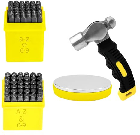 Metallstanzer, 76-teilig, 6 mm Schriftart Großbuchstaben und Zahlen (3 mm) Kleinbuchstaben und Zahlenstanzer + Stahlblock + Metallstanzhammer (74 Stück, 6 mm + 3 mm)