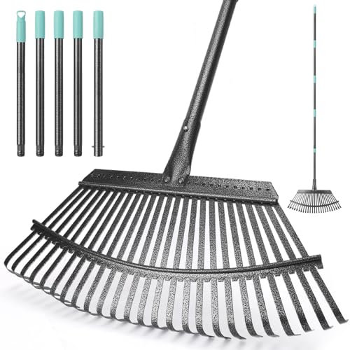 KeFanta Gartenrechen für Blätter, 1,8 m, verstellbarer langer Griff, Laubbesen, Metallrechen für Rasen, strapazierfähig, 25 Metallzinken, 47 cm breit, Rechen Werkzeug zum Lösen von Boden, Laubgras,