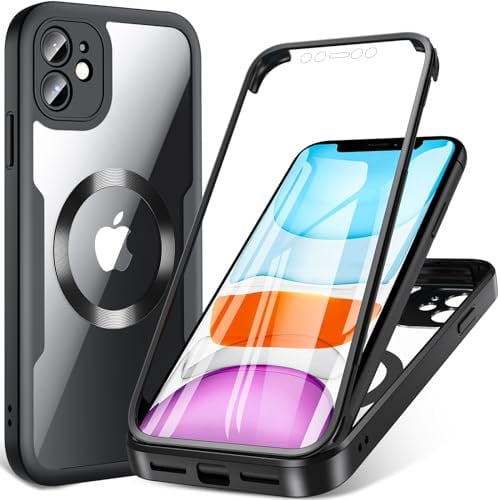 Hensinple iPhone 11 Case, Magnetic 360° Full Body Bumper, Clear Back, Built-in Screen Protector, MagSafe Compatible, Black