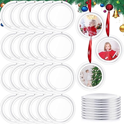 Tcevily 72 Pcs Christmas Clear Hanging Photo Frame Acrylic Picture Frames Ornament Mini Frames with Ribbon Xmas Picture Frame for Christmas Trees Decoration (Round, 72)