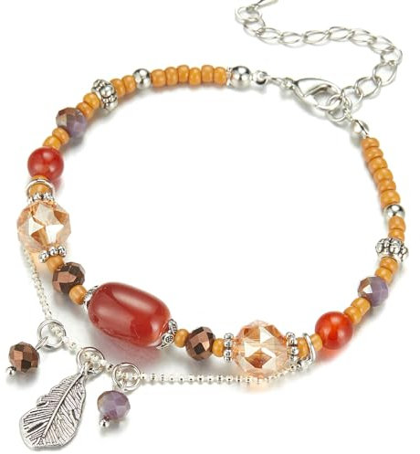 FULU AUTUMN Boho Perlenarmband Damen Kristall Perlen Armband mit Anhänger Boho Modeschmuck Geburtstagsgeschenk für Frauen(73-Orange)