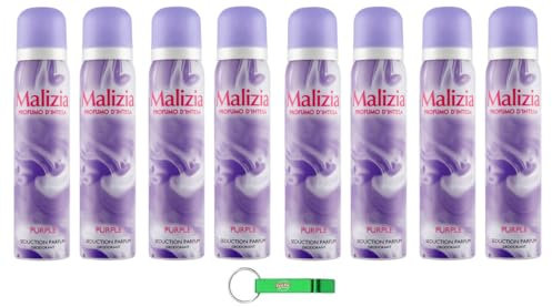 8x MALIZIA PROFUMO D'INTESA Purple Seduction Parfum,Deodorant Deo Spray 100ml + Kostenloser Beni Culinari Schlüsselanhänger