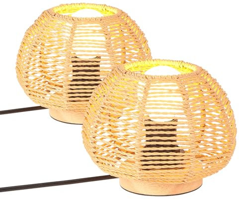 LIGKIN 2 Pezzi Lampada da Tavolo Intrecciata Lampada da Comodino Boho Paralume di Carta a Corde Lampada di Legno Vintage Illuminazione da Tavolo Luce Notturna Deco per Camera da letto Ufficio Lettura
