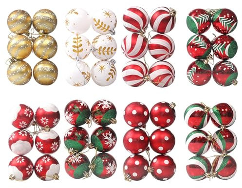 Rurunklee 48 palline decorative infrangibili dipinte glitterate decorative per albero di Natale, 6,1 cm, ornamenti per albero di Natale da soffitto