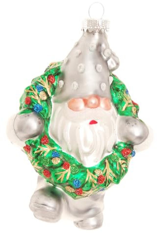 Krebs Glas Lauscha - Weihnachtsdekoration/Christbaumschmuck aus Glas - Wichtel mit Weihanchtskranz - Farbe: Satin Silver/Grün - Größe: ca. 11 cm