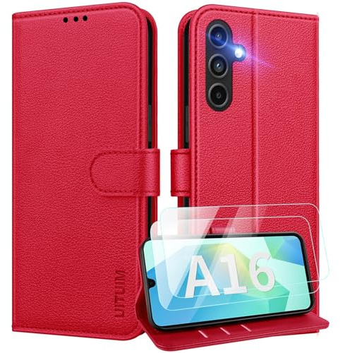UITUIM Handyhülle für Samsung Galaxy A16 5G/4G Hülle Klapphülle,Rot | mit 2 Glas Schutzfolie Flip Case Cover Klappbar Leder Magnet Kartenfach Geldbörse Schutzhülle Stoßfest Etui Handytasche
