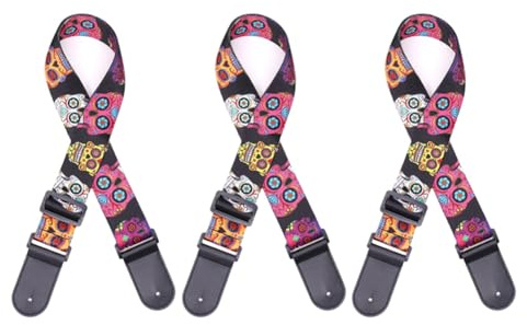 Qerwsdty Totenkopf-Leder-Nylon-Fluoreszenzdruck-Folk-Gitarrengurt, E-Gitarrengurt, Akustikgitarrengurt,E