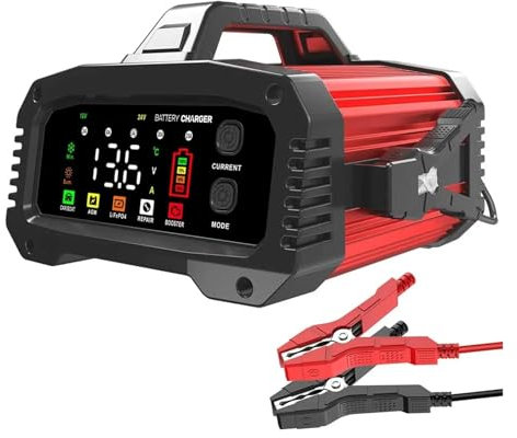 MZZYG 25A Smart Car Battery Charger 12V/25A 24V/15A Portable Battery Charger Optional Charging Current Aluminum Alloy Shell Fast Efficient Charging