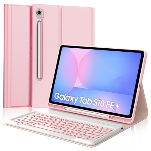 Funda Teclado para Samsung Galaxy Tab S10 Fe Plus/S10 FE+ 13.1 Pulgadas | Capa Keyboard Retroiluminación en 7 Colores, QWERTY Español Ñ, Bluetooth Magnético Desmontable con Portalápices, Rosa claro
