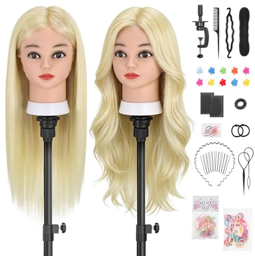 TwoWin 66cm Tête à Coiffer 80% Cheveux Naturels, Tête Mannequin Coiffure | 26 pouces Tete a Coiffer Blond Professionnelle avec Pince de Table + Kit Tressage - Idéal pour Salon, École, Pratique Maison