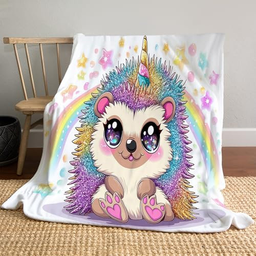 Kuscheldecke 150x200cm, Wohndecke Regenbogen Igel Muster, Couchdecke Warm, Süß Cartoon Kuscheldecke Flauschig, Decke Sofa und Einzelb Doppelgesicht Weich, 270 GSM, Weiß