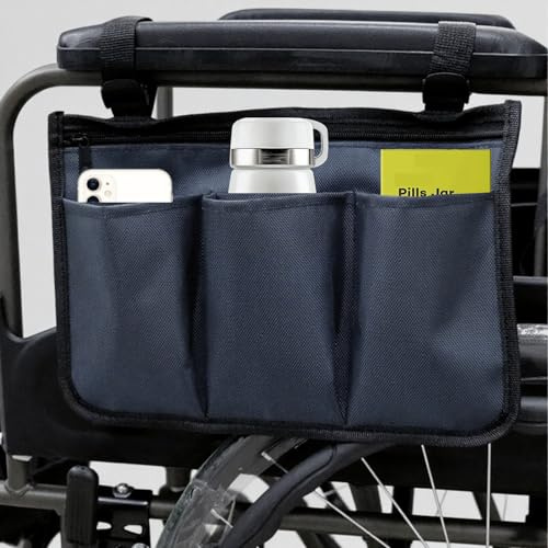 Firavggu Rollstuhl Seitentasche Armlehne Wasserdicht Oxford Armlehnentasche mit 3 Fächern für Rollstühle Dunkelblau Rollstuhltasche Seitlich Armlehne Tasche für Handy