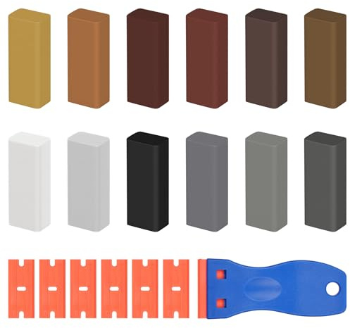 NUTKIT Hartwachs Reparaturset, 12 Farben Fliesen Reparatur Set mit Schaber | 6 Kunststoffklingen, Laminat/Parkett/Holz/Vinyl Reparaturset, Arbeitsplatte Reparatur Wachskitt für Türen Tische Schränken