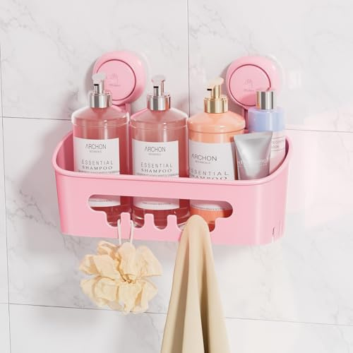 LEVERLOC Shower Caddy Suction Bathroom Accessories Storage Shelf, Pink | Suction Shower Caddy Storage No Drilling Shampoo Holder Removable Powerful Bathroom for Shampoo Holder Kitchen Accessories