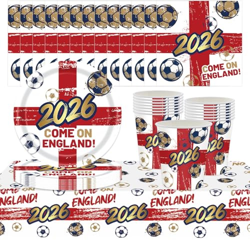 YESAH 53P World Cup Party Tableware Set,England Football Party Pack | Includes Plates,Napkins,Cups and Tablecloth for Three Lions Match Table Decor and Football Fans -16