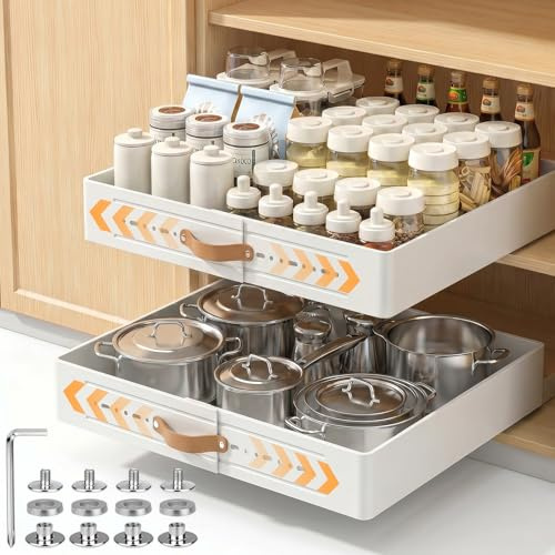 Ausziehbarer Schrank Organizer - Pull Out Teleskopschublade Schrank Organizer mit Kleber, Breite Verstellbar 35-51 cm Mit Selbstklebende Auszugschienen Ohne Bohren für Küche & Vorratsraum, (Weiß)