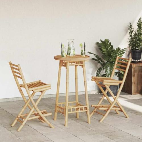 Kythralux Ensemble de bar d'extérieur 3 pièces en bambou pliable résistant aux intempéries avec table de jardin et 2 tabourets de bar, pliable pour terrasse, balcon, véranda, piscine, stable pour