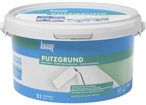 Knauf 5759 Putzgrund, gebrauchsfertige Grundierung, Haftvermittler vor dem Auftragen von mineralischen Dekorputzen, atmungsaktiv, lösemittelfrei für Innen- und Außenbereiche, Weiß, 2 l (1er Pack)