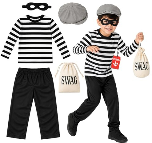 Fun Shack Räuber Kostüm Kinder, Banditen Halloween Kostüm Kinder, XL | Hemd, Hose, Mütze, Maske & Beutel, Klassischer Banditen-Look, Perfekt für Halloween, Ideal für Rollenspiele