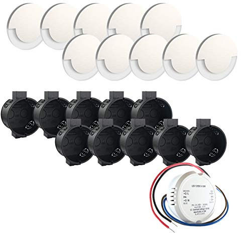 Premium Set LED Wandeinbaustrahler Treppenlicht Wandstrahler Treppenbeleuchtung Satinglas Küchensockel für Treppen, Möbel, Flur etc. rund inkl. Up-Dose und Trafo für 230V warmweiß WB5 (10er Set)