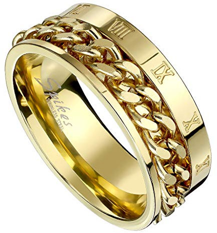 Piersando Herren Band Ring Ketten Style Spinner mit Römischen Zeichen Herrenring Edelstahlring Bandring Größe 60 (19.1) | Gold