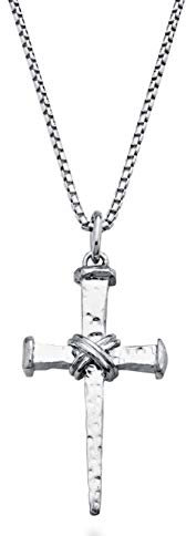 Miabella 925 Sterling Silver Italian Rope Wrap Nail Cross Pendant Necklace for Men 22, 24, 26, 28 Inch Box Chain, Rhodium or 18K Yellow Gold Over Silver Made in Italy (22, Rhodium-Plated-Silver)
