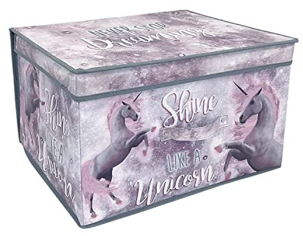 The Magic Toy Shop Large Foldable Kids Toy Storage Box with Lid - Unicorns Design - Collapsible Fabric Organizer for Children's Toys, Crafts, Clothes - for Boys & Girls Bedroom 50x30x40cm