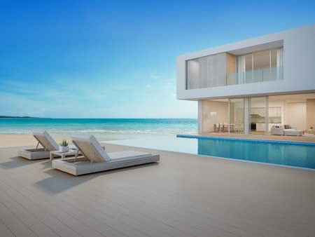adrium Cuadro de madera de 40 x 30 cm: casa de playa de lujo con vista al mar piscina y terraza en diseño moderno sillas de salón en cubierta de madera en casa de vacaciones (92166902)