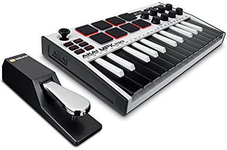 AKAI Professional Midi Controller + Sustain Pedal Bundle - MPK Mini MK3 White USB-MIDI-Keyboard Controller + M-Audio SP-2 Universal Sustain Pedal