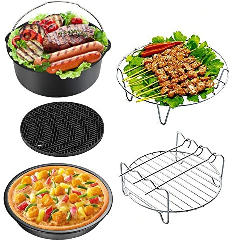 Air Fryer Accessories Set, 5 Pcs Air Fryer Accessory Kit Fits 3.7QT-5.8QT for 7 Inch Air Fryer with Round Non-Stick Cake Pan, Pizza Pan, Metal stand,Multifunctional grill,Silicone mat